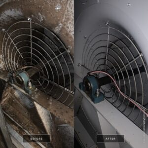 a before and after of AQS cleaning fans that are part of an HVAC system